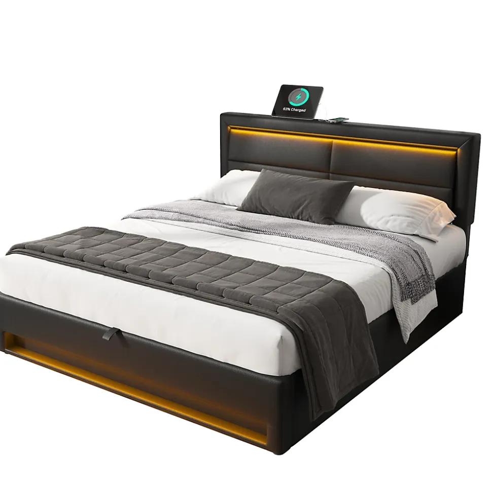 Lit Coffre 140x200 cm - Lit Double Capitonné avec Port USB et Éclairage LED - Similicuir - Noir - Sans Matelas