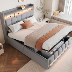 Lit coffre 140x200 cm - Lit double en lin gris clair avec LED intégrée, ports USB et rangement hydraulique - Sans matelas