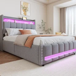 Lit coffre 140x200 cm - Lit double en lin gris clair avec LED intégrée, ports USB et rangement hydraulique - Sans matelas