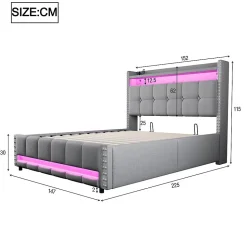 Lit coffre 140x200 cm - Lit double en lin gris clair avec LED intégrée, ports USB et rangement hydraulique - Sans matelas