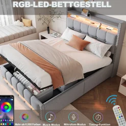 Lit coffre 140x200 cm - Lit double en lin gris clair avec LED intégrée, ports USB et rangement hydraulique - Sans matelas