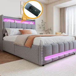 Lit coffre 140x200 cm - Lit double en lin gris clair avec LED intégrée, ports USB et rangement hydraulique - Sans matelas
