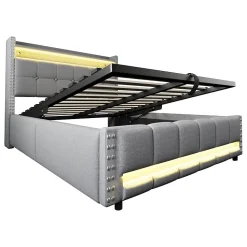 Lit coffre 140x200 cm - Lit double en lin gris clair avec LED intégrée, ports USB et rangement hydraulique - Sans matelas