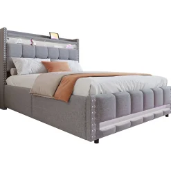 Lit coffre 140x200 cm - Lit double en lin gris clair avec LED intégrée, ports USB et rangement hydraulique - Sans matelas