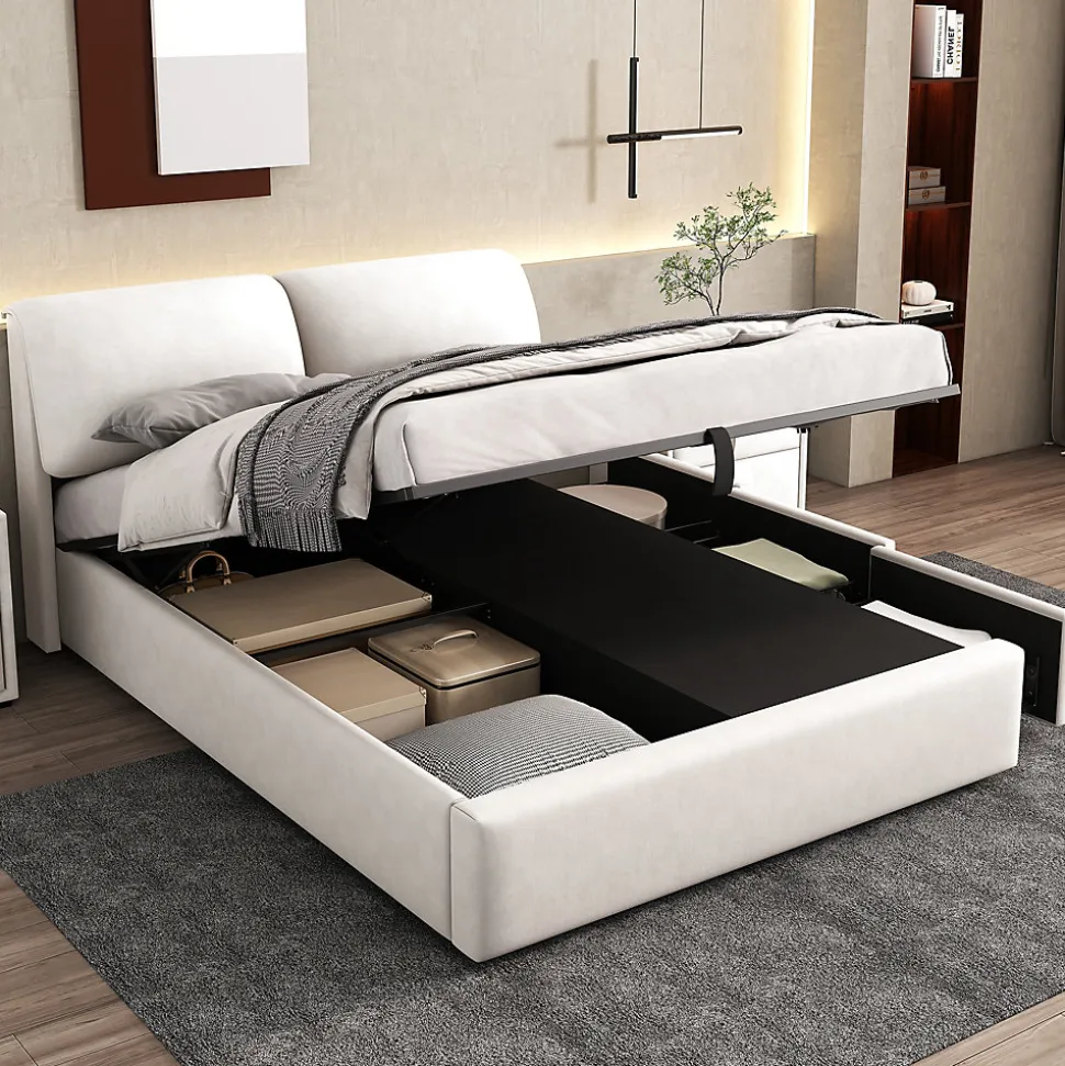 Lit coffre 140x200 cm - lit double capitonné élégant en velours avec 3 tiroirs et rangement hydraulique - blanc - sans matelas