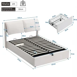 Lit coffre 140x200 cm - lit double capitonné élégant en velours avec 3 tiroirs et rangement hydraulique - blanc - sans matelas