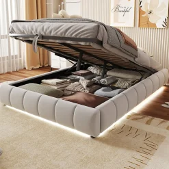 Lit Coffre 140x200 cm - Lit Double avec Rangement Intégré et Éclairage LED - Sans Matelas, Velours Beige