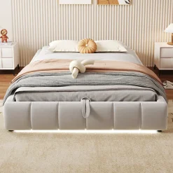 Lit Coffre 140x200 cm - Lit Double avec Rangement Intégré et Éclairage LED - Sans Matelas, Velours Beige