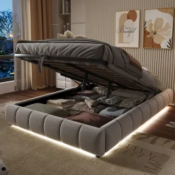 Lit Coffre 140x200 cm - Lit Double avec Rangement Intégré et Éclairage LED - Sans Matelas, Velours Beige
