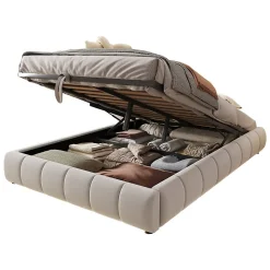 Lit Coffre 140x200 cm - Lit Double avec Rangement Intégré et Éclairage LED - Sans Matelas, Velours Beige