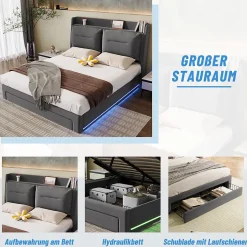 Lit coffre 180x200 cm - Lit Double Capitonné avec Tiroirs et Éclairage LED - Velours - Sans Matelas - Gris