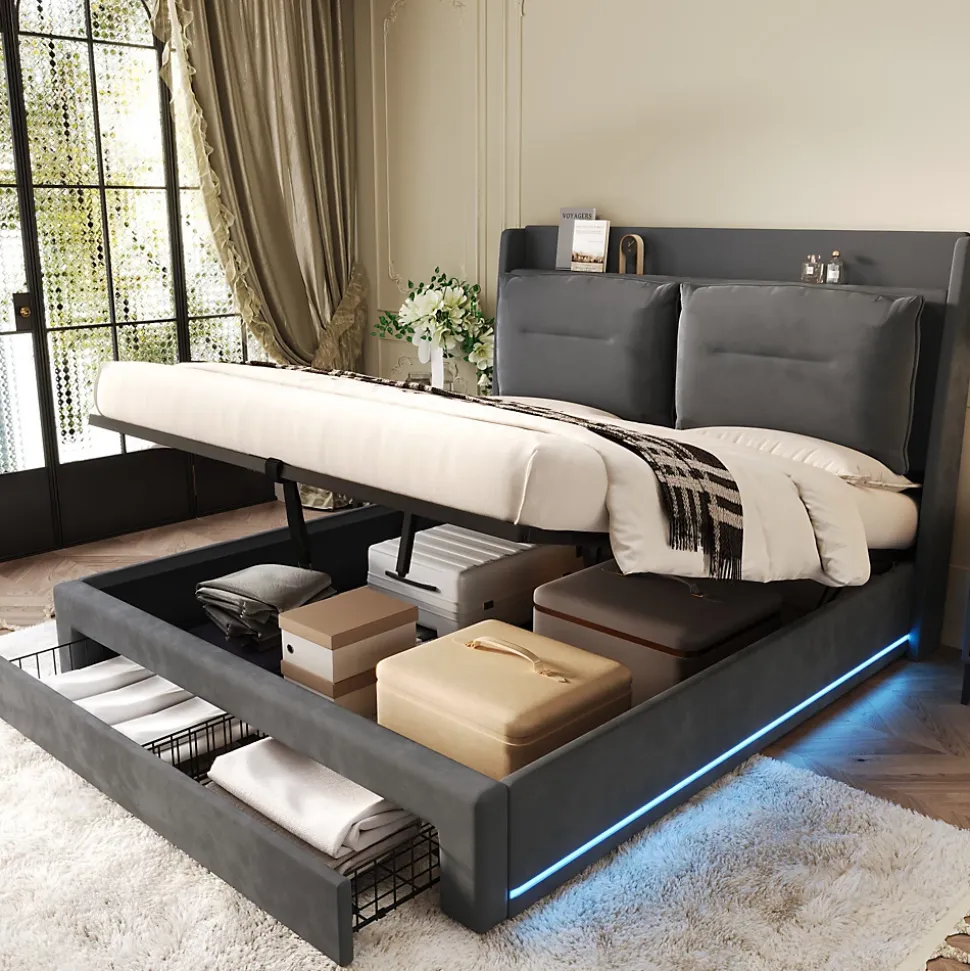 Lit coffre 180x200 cm - Lit Double Capitonné avec Tiroirs et Éclairage LED - Velours - Sans Matelas - Gris