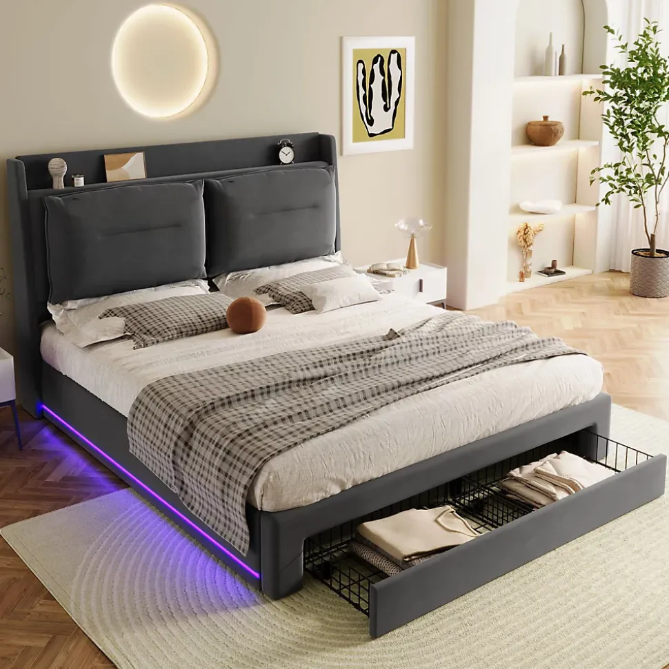 Lit coffre 180x200 cm - Lit Double Capitonné avec Tiroirs et Éclairage LED - Velours - Sans Matelas - Gris