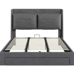 Lit coffre 180x200 cm - Lit Double Capitonné avec Tiroirs et Éclairage LED - Velours - Sans Matelas - Gris