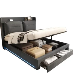 Lit coffre 180x200 cm - Lit Double Capitonné avec Tiroirs et Éclairage LED - Velours - Sans Matelas - Gris