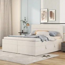 Lit coffre 140x200 cm - Lit double avec sommier à lattes et tête de lit - ouverture2 côtés en Lin - Beige