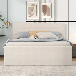 Lit coffre 140x200 cm - Lit double avec sommier à lattes et tête de lit - ouverture2 côtés en Lin - Beige