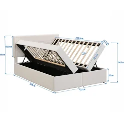 Lit coffre 140x200 cm - Lit double avec sommier à lattes et tête de lit - ouverture2 côtés en Lin - Beige