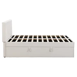 Lit coffre 140x200 cm - Lit double avec sommier à lattes et tête de lit - ouverture2 côtés en Lin - Beige