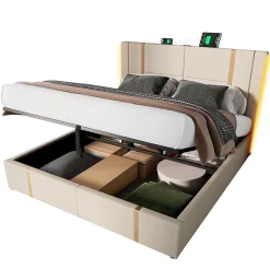 Lit coffre 140x200 cm - Lit double capitonné avec LED et chargement USB Type C - Textile en lin - Matelas Inclus - Beige