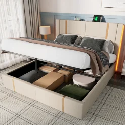 Lit coffre 140x200 cm - Lit double capitonné avec LED et chargement USB Type C - Textile en lin - Matelas Inclus - Beige