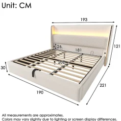 Lit Coffre 180x200 cm - Lit Double avec Sommier Relevable et Rangement - Ports USB Type-C - Tissu Lin Beige - Sans Matelas