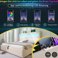 Lit Coffre 180x200 cm - Lit Double avec Sommier Relevable et Rangement - Ports USB Type-C - Tissu Lin Beige - Sans Matelas