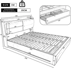 Lit coffre 180x200 cm - Lit Double Capitonné avec Tiroirs et Éclairage LED - Velours - Sans Matelas - Beige