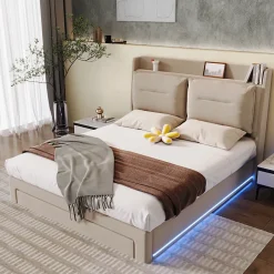 Lit coffre 180x200 cm - Lit Double Capitonné avec Tiroirs et Éclairage LED - Velours - Sans Matelas - Beige