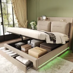 Lit coffre 180x200 cm - Lit Double Capitonné avec Tiroirs et Éclairage LED - Velours - Sans Matelas - Beige