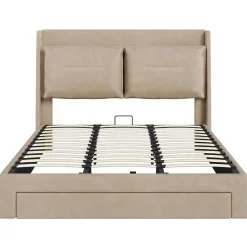 Lit coffre 180x200 cm - Lit Double Capitonné avec Tiroirs et Éclairage LED - Velours - Sans Matelas - Beige