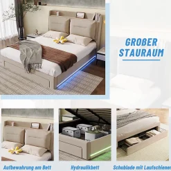 Lit coffre 180x200 cm - Lit Double Capitonné avec Tiroirs et Éclairage LED - Velours - Sans Matelas - Beige