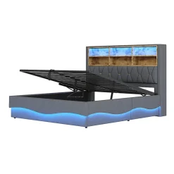 Lit Coffre 180x200 cm - Lit Double avec Rangement Hydraulique et Éclairage LED APP - avec Port USB - Lin et Métal - Gris