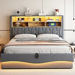 Lit Coffre 180x200 cm - Lit Double avec Rangement Hydraulique et Éclairage LED APP - avec Port USB - Lin et Métal - Gris