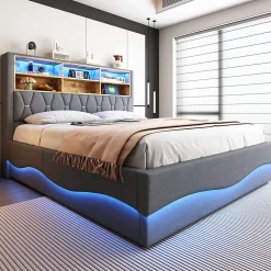 Lit Coffre 180x200 cm - Lit Double avec Rangement Hydraulique et Éclairage LED APP - avec Port USB - Lin et Métal - Gris