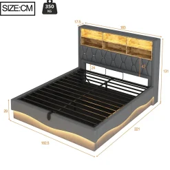 Lit Coffre 180x200 cm - Lit Double avec Rangement Hydraulique et Éclairage LED APP - avec Port USB - Lin et Métal - Gris