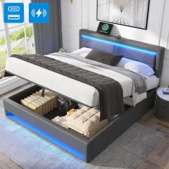 Lit Coffre 140x200 cm - Lit Double Capitonné avec Port USB et Éclairage LED - Similicuir - Gris - Sans Matelas