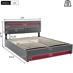 Lit Coffre 140x200 cm - Lit Double Capitonné avec Port USB et Éclairage LED - Similicuir - Gris - Sans Matelas