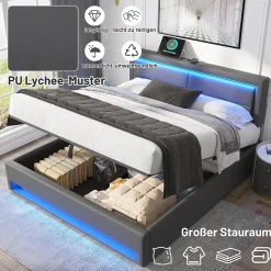 Lit Coffre 140x200 cm - Lit Double Capitonné avec Port USB et Éclairage LED - Similicuir - Gris - Sans Matelas