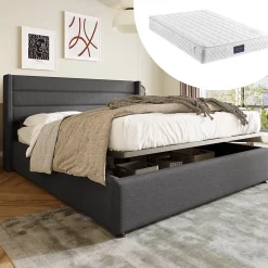 Lit coffre 160x200 cm - Lit double capitonné avec sommier à lattes - Lin - Matelas Inclus - Gris