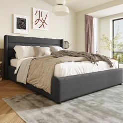 Lit coffre 160x200 cm - Lit double capitonné avec sommier à lattes - Lin - Matelas Inclus - Gris