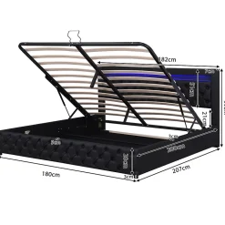 Lit coffre 180x200 cm - Lit double avec coffre de rangement et éclairage LED - Lit capitonné en cuir PU - Sans matelas - Noir