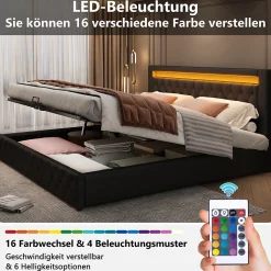 Lit coffre 180x200 cm - Lit double avec coffre de rangement et éclairage LED - Lit capitonné en cuir PU - Sans matelas - Noir