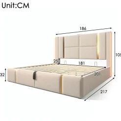 Lit coffre 180x200 cm - Lit double capitonné avec LED et USB Type C - Textile en lin - Sans Matelas - Beige