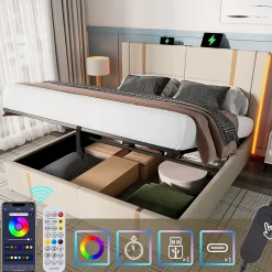 Lit coffre 180x200 cm - Lit double capitonné avec LED et USB Type C - Textile en lin - Sans Matelas - Beige