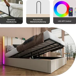 Lit coffre 180x200 cm - Lit double capitonné avec LED et USB Type C - Textile en lin - Sans Matelas - Beige