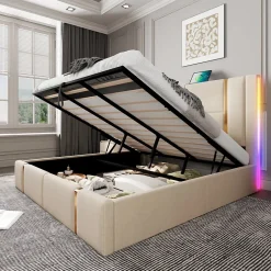 Lit coffre 180x200 cm - Lit double capitonné avec LED et USB Type C - Textile en lin - Sans Matelas - Beige