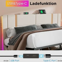 Lit coffre 180x200 cm - Lit double capitonné avec LED et USB Type C - Textile en lin - Sans Matelas - Beige