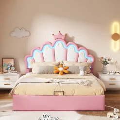 Lit Coffre 140x200 cm - Lit Double enfant avec Lumière d'Ambiance Réglable, Capitonné, MDF et Similicuir, Rose, Sans Matelas