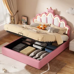 Lit Coffre 140x200 cm - Lit Double enfant avec Lumière d'Ambiance Réglable, Capitonné, MDF et Similicuir, Rose, Sans Matelas